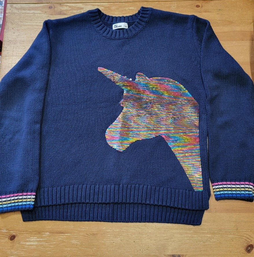 Epic Threads Big Girls Navy Unicorn Sequin Flp Knit Pullover Sweater Size L  EUC!