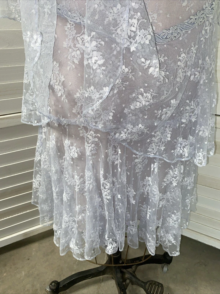 70s 80s Sheer Lace Dress Formal Over Pink Slip High Neck Light Blue Sz Small - Image 4 of 4