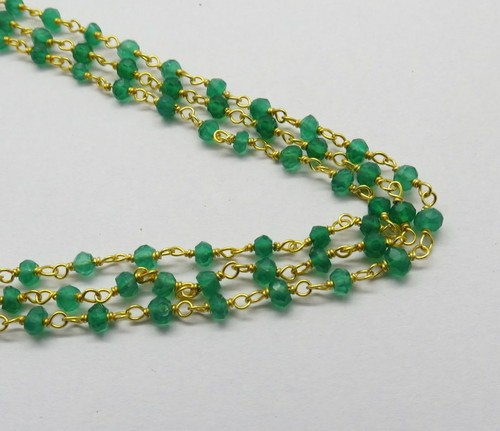 01 Foot Rosary Chain 22K Gold Natural Emerald Green Onyx Stone Beaded Necklace - Picture 2 of 2