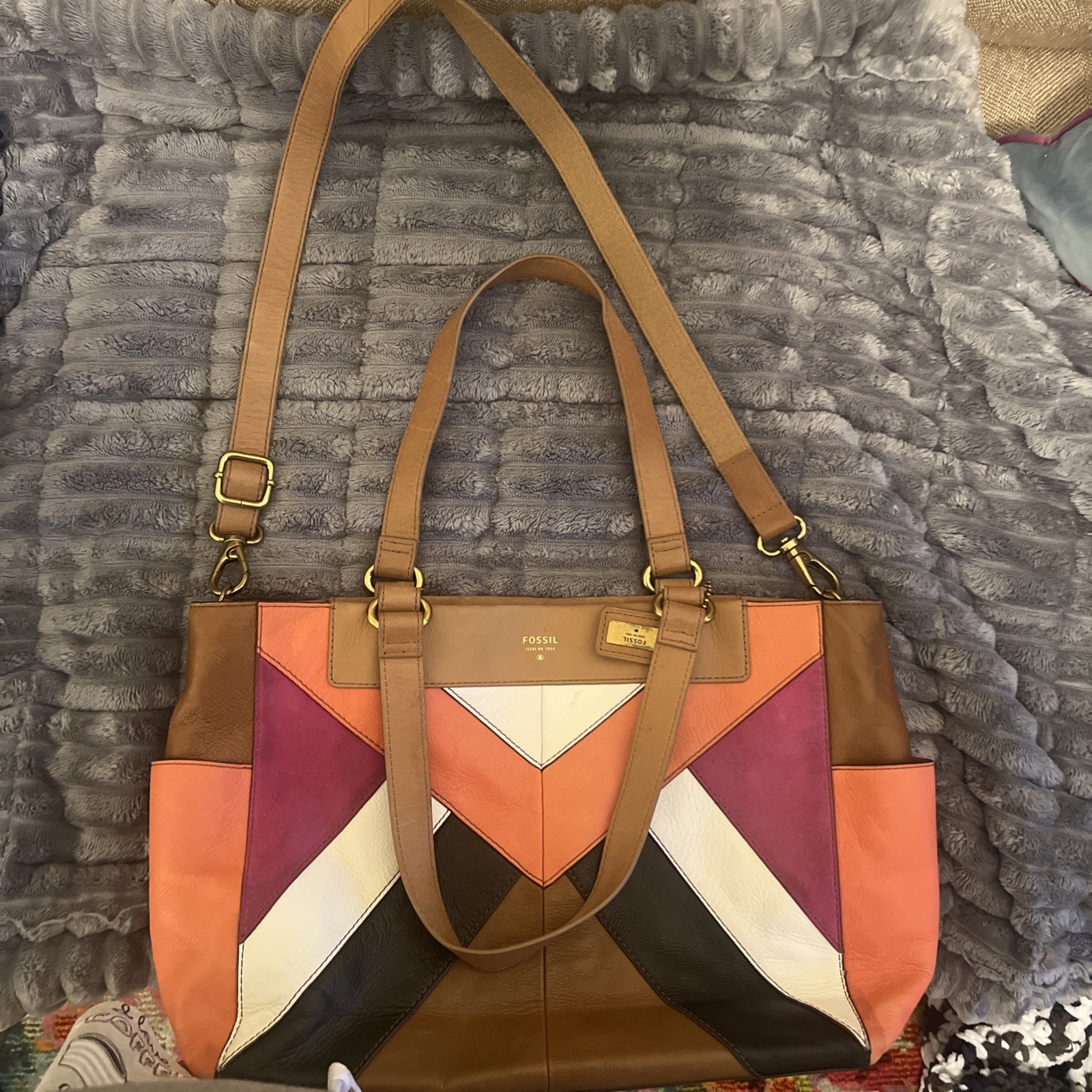 Fossil Brown Large Leather Patchwork Shoulder Bag - image 8