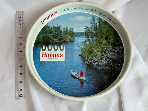2 Pack Vintage Circa 1966 Hamm's Beer 13" Metal Serving Tray w/Man in Canoe