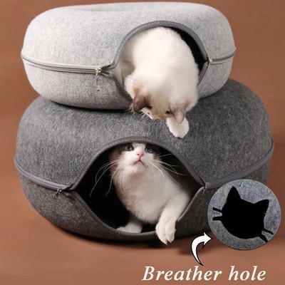 Peekaboo Cat Cave EXTRA LARGE Cat Tunnel Bed Indoor Cats, Cat Donut,Gray, USA