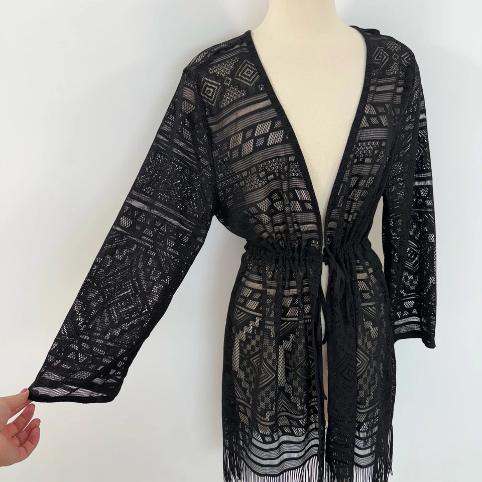 Кимоно Dotti с бахромой накидка черная сетка геометрический размер XL с длинным рукавом - Изображение 3 из 4