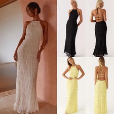 Ladies Summer Holiday Party Dress Long Beach Backless Halter Neck Ruched Dresses