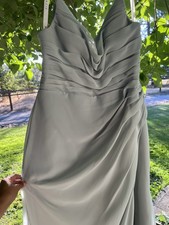 Azazie Sage Green Bridesmaid Dress A8 Cowl Neck Ruched Slit Formal Maxi Gown