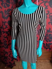 Vintage Snap Black White Stripe Tea Length Pencil Dress Y2k 90s 50s Large Gothic