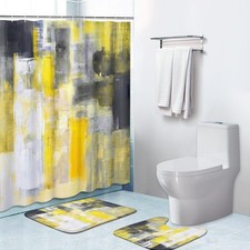 3Pcs Bathroom Set, 72" x 72" Grey Yellow Abstract Contemporary Home Waterproo...