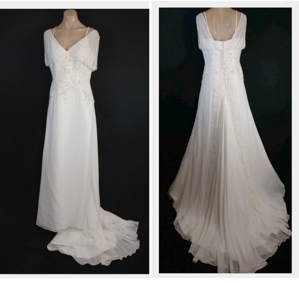 Henri Josef Bridal Dress Womens Size 12 Ivory Strappy V Neck Beaded Wedding Gown