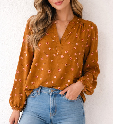 Lush Caramel Brown Red Long sleeve Floral Classic Lightweight  Blouse Tops XS