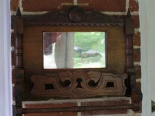 ~Victorian Hanging Carved Walnut Wood Wall Mirror Towel Bar Rack Shelf Etagere~