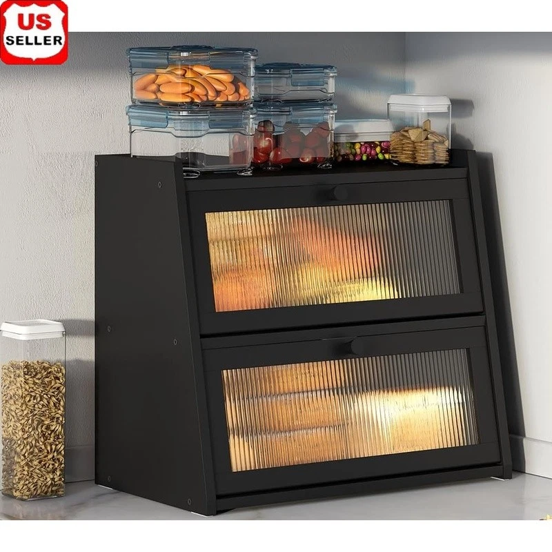 Double Layer Bamboo Bread Box W/ Acrylic Door Kitchen Storage Container New