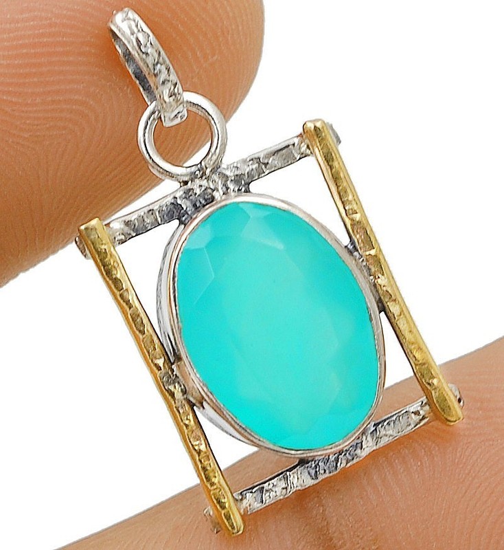 Two Tone Natural Aquamarine Chalcedony 925 Sterling Silver Pendant @11-7