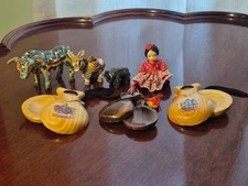 Handmade Spanish pieces including Mosaic Bull, Porcelain Doll, Wooden Castanets