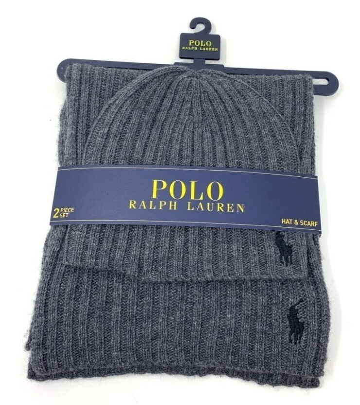 SET Polo Ralph Lauren Uomo Grigio 2 Pezzi Cappello e Sciarpa Miscela Lana d'Agnello Blu Pony