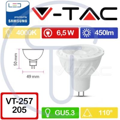 TANCREDI SRL V-TAC PRO VT-257 205 Faretto LED Chip Samsung GU5.3 (MR16)6,5W 12V 110° naturale