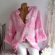 Hemdbluse Baumwolle Rosa/Weiß Krempelärmel ...