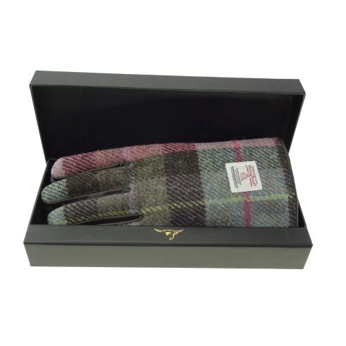 Ladies Harris Tweed Leather Gloves Boxed in Green Pink LB3011-COL137 Large