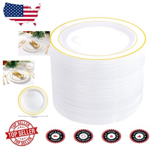 Disposable Gold Plastic Dinner Plates, 10.25-inch - 100 Count for All Occasions