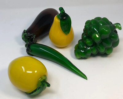 Glass Fruit Veggies (5) Lemon, Chili Pepper, Grapes, Eggplant & Pear