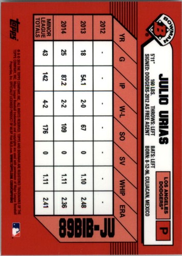 2014 Bowman '89 Bowman is Back #89BIBJU Julio Urias - Imagen 2 de 2
