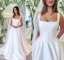 Elegant A-Line Wedding Dresses Square Neck Backless Satin Beach Bridal Gowns