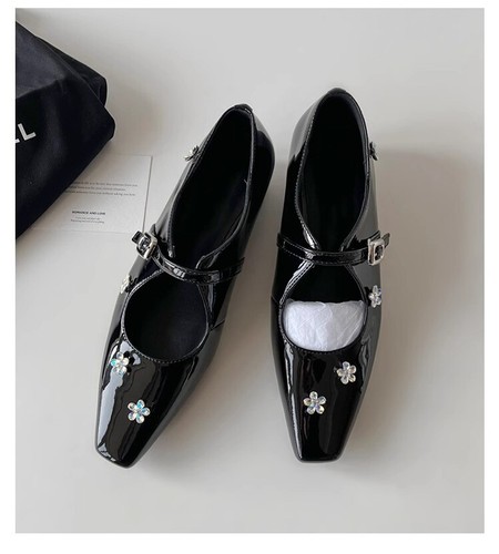 French Rhinestone Women Square Toe Leather Low Hidden Wedge Heel Mary Jane Shoes - Picture 10 of 24