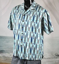 Kane’ohe Mens XL Hawaiian Shirt Button-Up S/S SURFBOARDS Blue Viscose Cotton