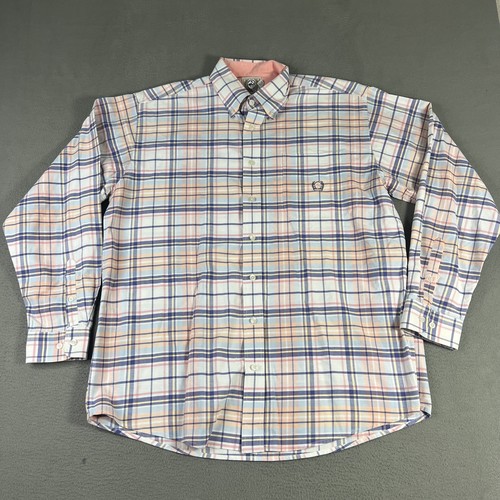 Cinch Shirt Mens Large Plaid Button Down Long Sleeve Peach Blue Western Rodeo
