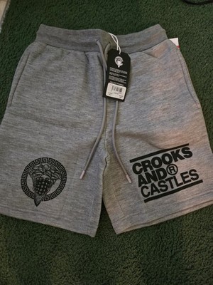 Crooks & Castles Men s Gray Sweat Shorts Solid Drawstring Elastic Pockets Logo