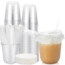 50 Pack 12 oz Clear Plastic Cups with Lids and Straws, Includes Paper Lid Lin...