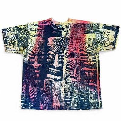 crazy vintage tie-dye hawaiian tiki heads belton tough tee size x-large