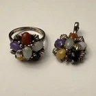 Vtg Multicolor Jade Cluster Cabochon Pendant & Ring Set 925 Sterling Silver 9.5