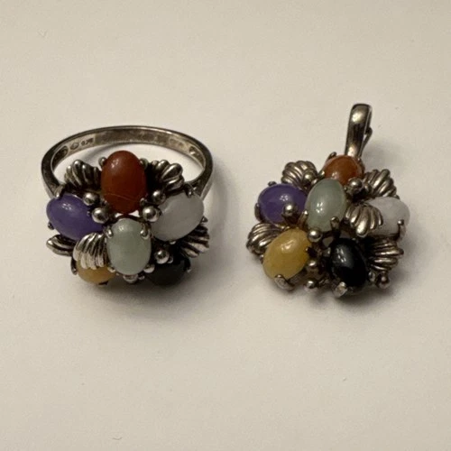 Vtg Multicolor Jade Cluster Cabochon Pendant & Ring Set 925 Sterling Silver 9.5