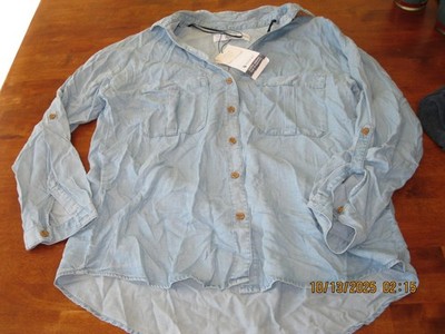 NWT Z1975 Zara Button Up Long Roll Tab Sleeves Chambray BLUE Denim US SZ MED