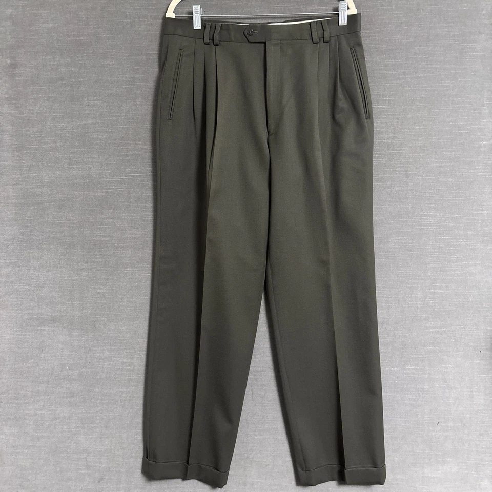 Pantalones Louis Raphael 34 Vintage Verde Oliva Triple Pliegue Puños Lana Pantalones Años 90 Foto 2 de 4