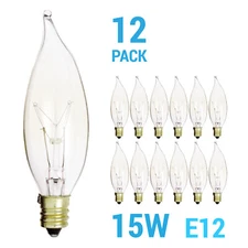 12 Pack 15CFC Chandelier 15W Watt 120V CA10 Flame Tip Candelabra E12 Clear