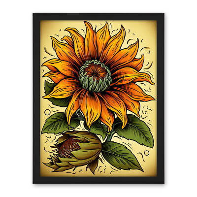 Sunflower Bloom Old School USA Tattoo Rockabilly 50s Framed Wall Art Print 18X24