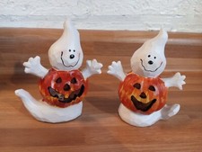 2 Little Ghost Jack-o-Lantern Pumpkin Figures 4.5" Halloween Decoration