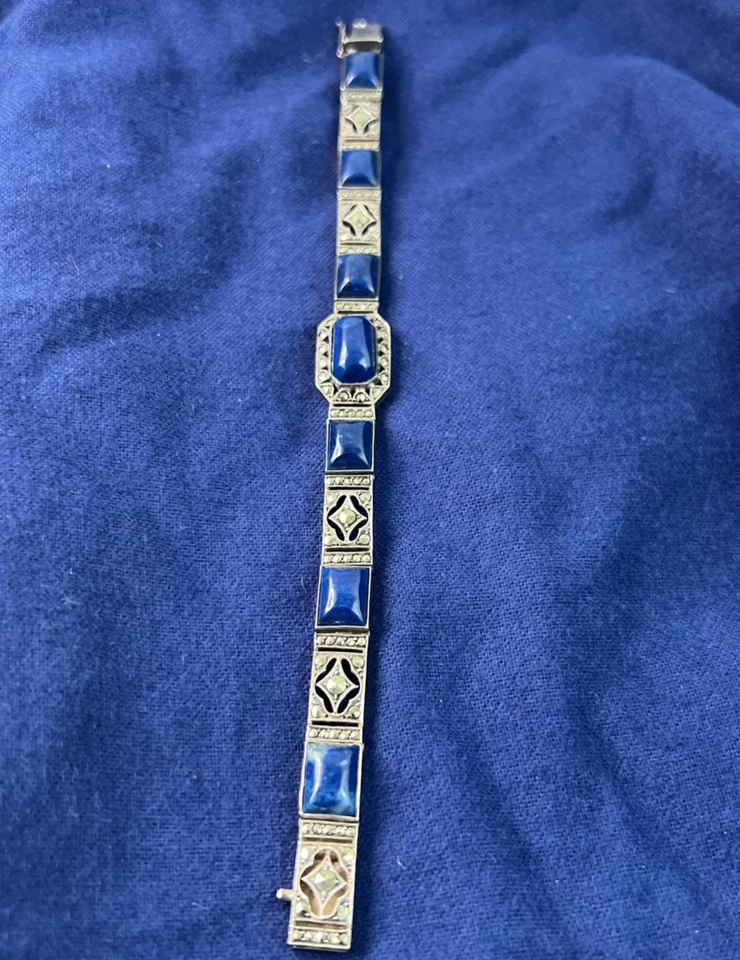 Sterling Silver Lapis Lazuli Bracelet Hinged Marcasite 935 Art Deco 7 " Filigree - Image 2 of 4