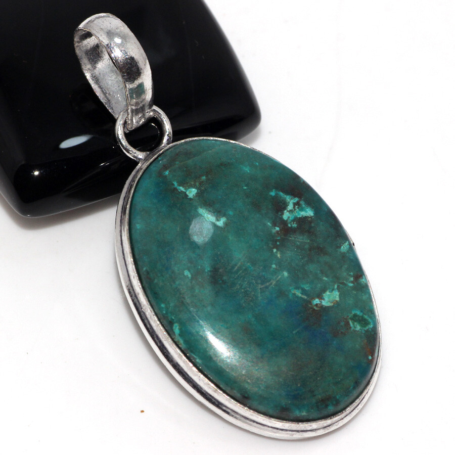 Handmade 925 Silver Plated Chrysocolla Gemstone Pendant 2” JW Jewelry