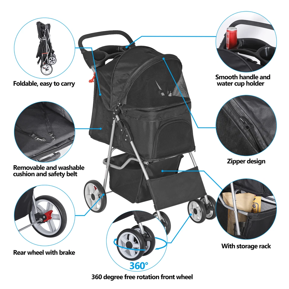 Durable Foldable Dog Stroller Pet Travel Carriage for Pets with Carrier Cart - Image 3 of 4