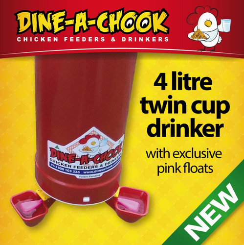 DINE-A-CHOOK RED/PINK / 4.7 Chicken Feeder & Drinker / Chook Waterer Twin Cup / - Picture 2 of 8
