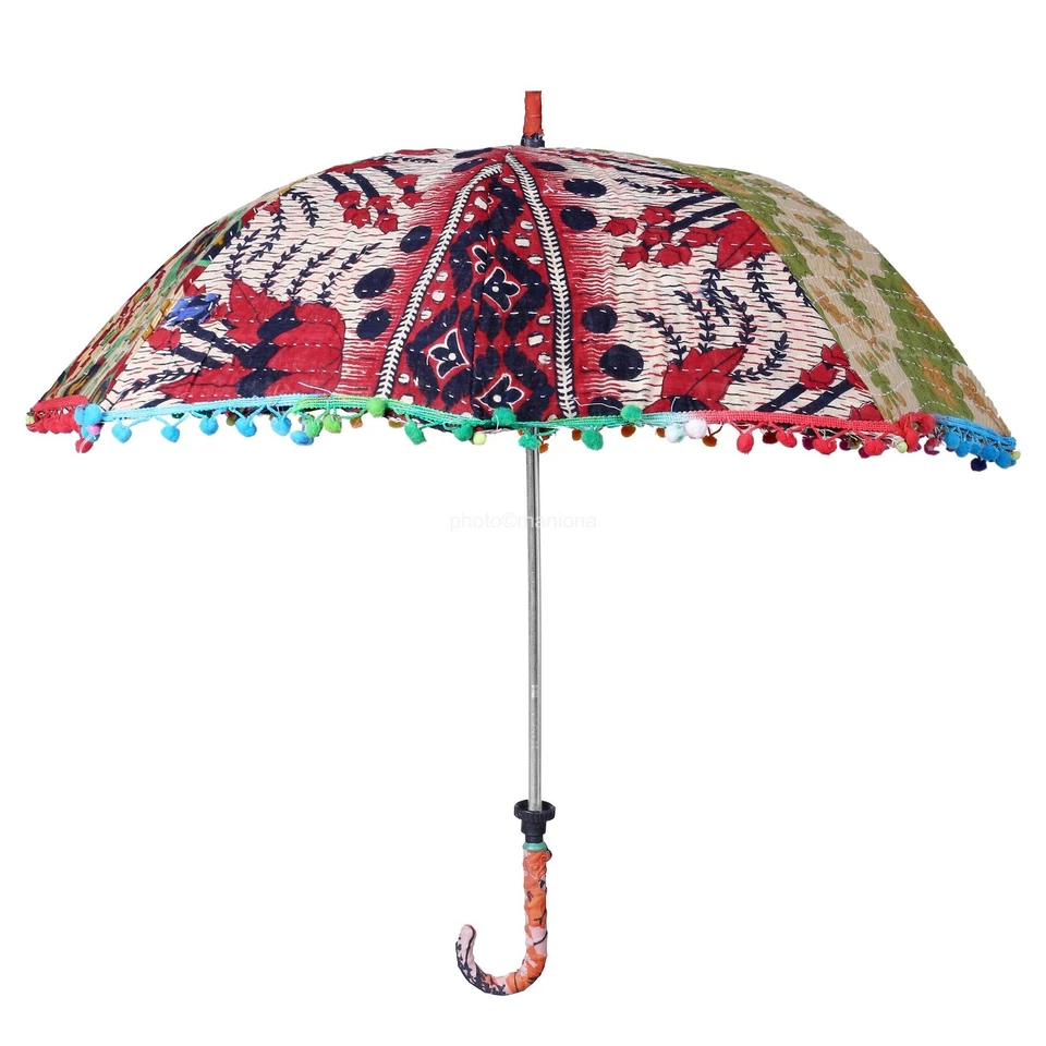 Guarda-sol vintage indiano antigo bordado à mão guarda-sol pom pom arte - Imagem 4 de 4