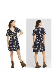 Xhilaration Floral Print Short Sleeve V-Neck Cinched Bottom Mini Dress Small