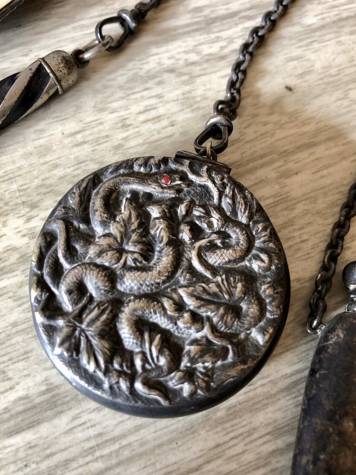 Antique 1880-90 American Silver Chatelaine, 5 Tool, Brooch