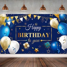 Happy Birthday Backdrop Banner for Men, Navy Blue and Gold Birthday Decor