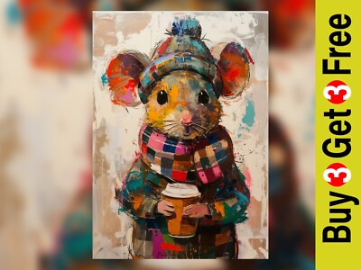 Colorful Winter Mouse Impasto Painting Print 5''x7'' on Matte Paper