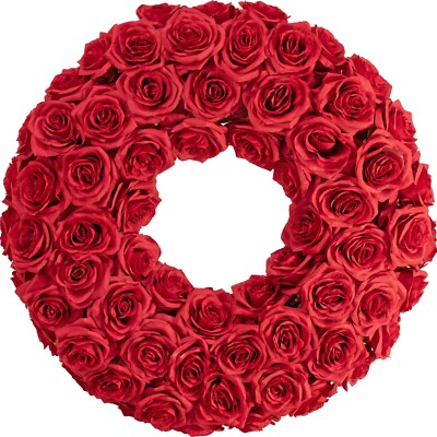 Red Rose Wreath, Artificial Rosebud Flowers, 22 Inch Diameter X 4 Inch Depth X 8
