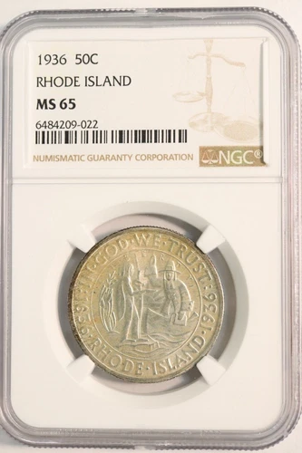 1936 RHODE ISLAND SILVER COMMEMORATIVE HALF DOLLAR NGC MS65 - MAGNIFICENT COIN!