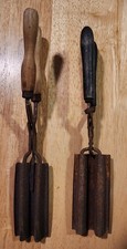 Two Antique Hair Curler Crimper Curling Iron Wood Handle Hair Styling Hand Tool